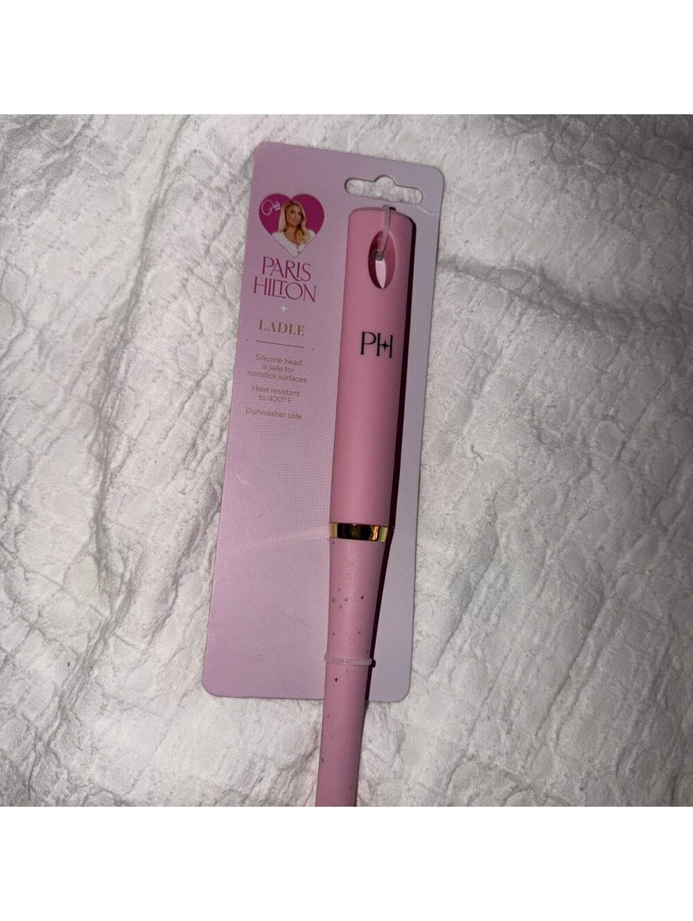 NWT Paris Hilton Designer Silicone & Gold Tone Ladle W/Pink Handle Nonstick RARE
